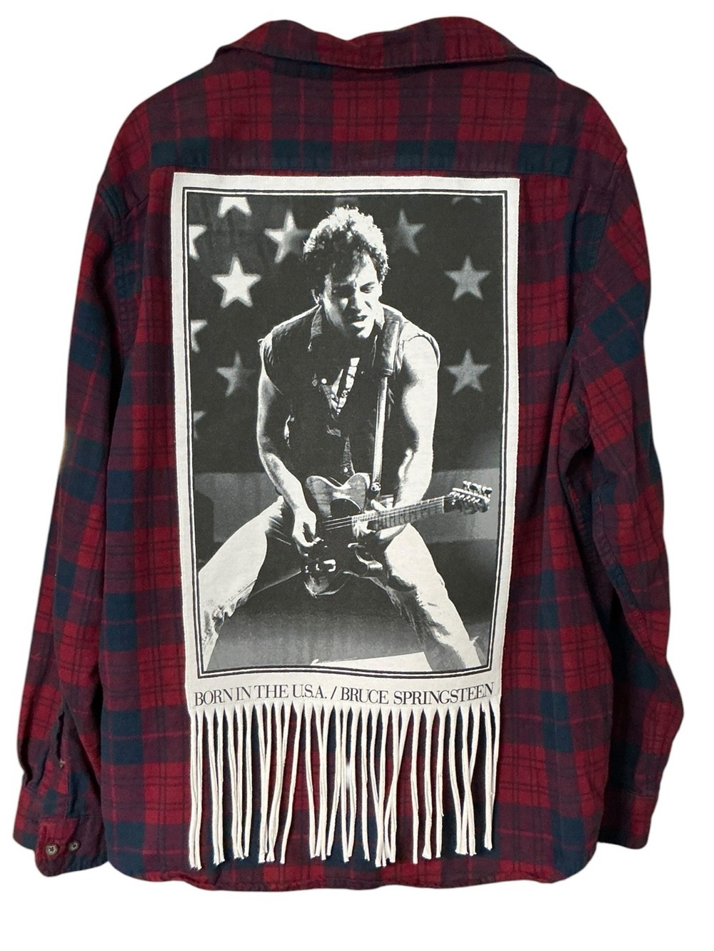 Bruce Springsteen Upcycled Flannel T Shirt Top Fringe Shacket Band Rock